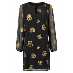 Cabi Black Gold Embroidered Shift Dress Sheer Swiss Dot Sleeve Party Cocktail LG